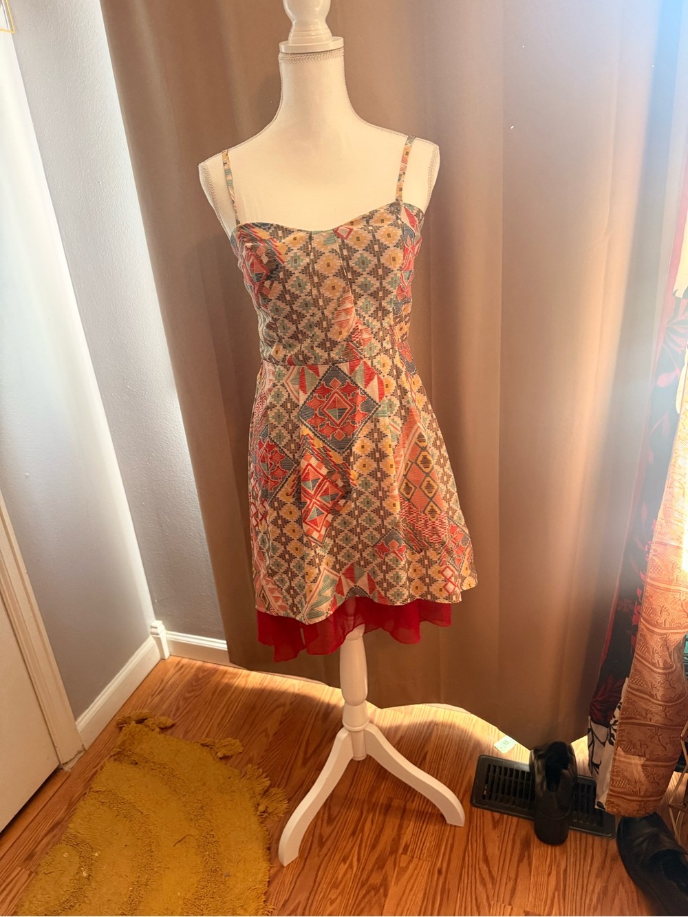 As U Wish Multicolor Geometric Mini Dress with Red Underlayer